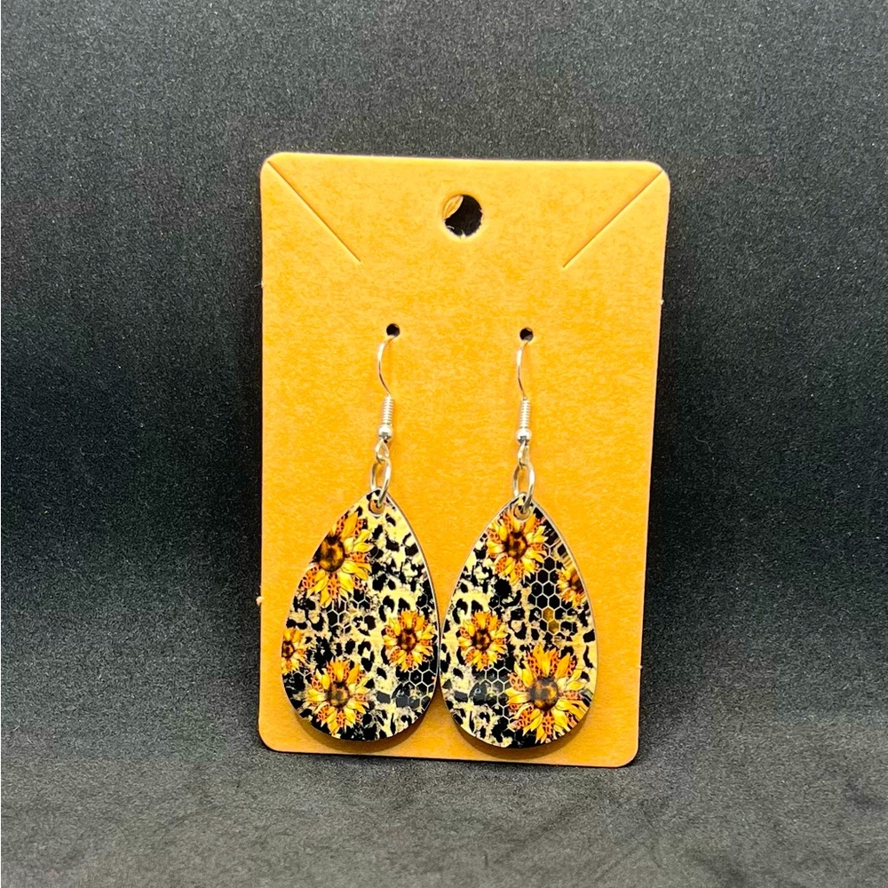 New - Sunflowers and Leopard Tear Drop Wooden Earrings- Double Sided.